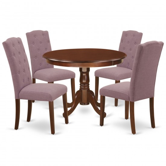 5Pc Dining Set, Round Dinette Table, Four Parson Chairs, Dahlia Fabric, Mahogany Finish