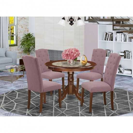 5Pc Dining Set, Round Dinette Table, Four Parson Chairs, Dahlia Fabric, Mahogany Finish