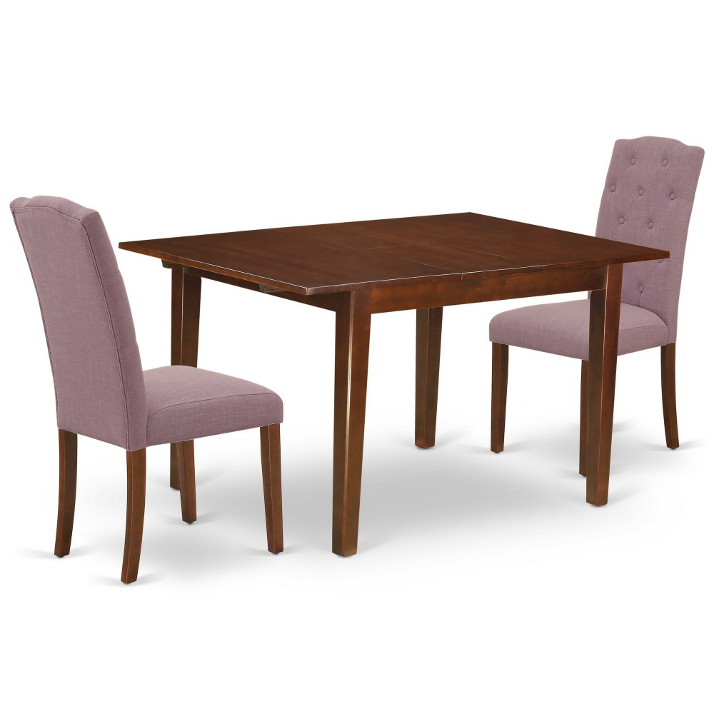 3Pc Dinette Set, Rectangular Kitchen Table, Butterfly Leaf, Two Parson Chairs, Dahlia Fabric, Mahogany