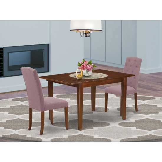 3Pc Dinette Set, Rectangular Kitchen Table, Butterfly Leaf, Two Parson Chairs, Dahlia Fabric, Mahogany