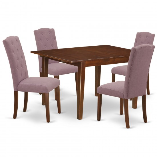 5Pc Dining Set, Rectangle Dinette Table, Butterfly Leaf, Four Parson Chairs, Dahlia Fabric, Mahogany