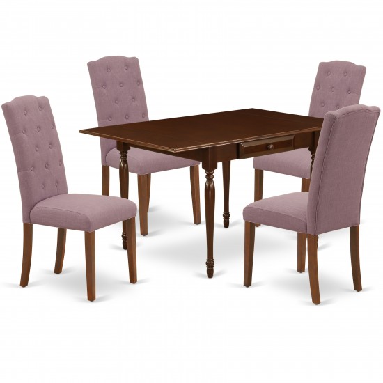 5Pc Dinette Set, Wood Table, 4 Parsons Dining Chairs, Dahlia Color, Drop Leaf Table, Mahogany