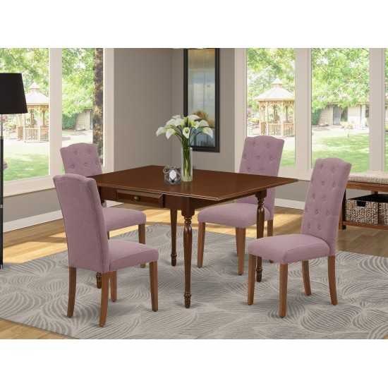 5Pc Dinette Set, Wood Table, 4 Parsons Dining Chairs, Dahlia Color, Drop Leaf Table, Mahogany