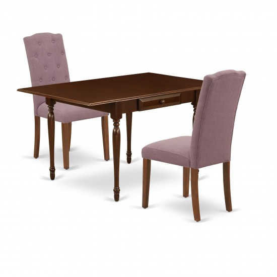 3Pc Dining Set, Table, 2 Parsons Chairs, Dahlia Color, Drop Leaf Table, Mahogany