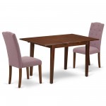 3Pc Dinette Set, Rectangular Kitchen Table, Butterfly Leaf, Two Parson Chairs, Dahlia Fabric, Mahogany