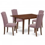 5Pc Dining Set, Rectangle Dinette Table, Butterfly Leaf, Four Parson Chairs, Dahlia Fabric, Mahogany