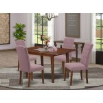 5Pc Dining Set, Rectangle Dinette Table, Butterfly Leaf, Four Parson Chairs, Dahlia Fabric, Mahogany