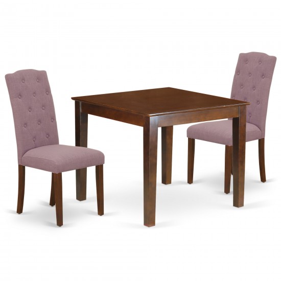 3Pc Dinette Set, Square Kitchen Table, Two Parson Chairs, Dahlia Fabric, Mahogany Finish