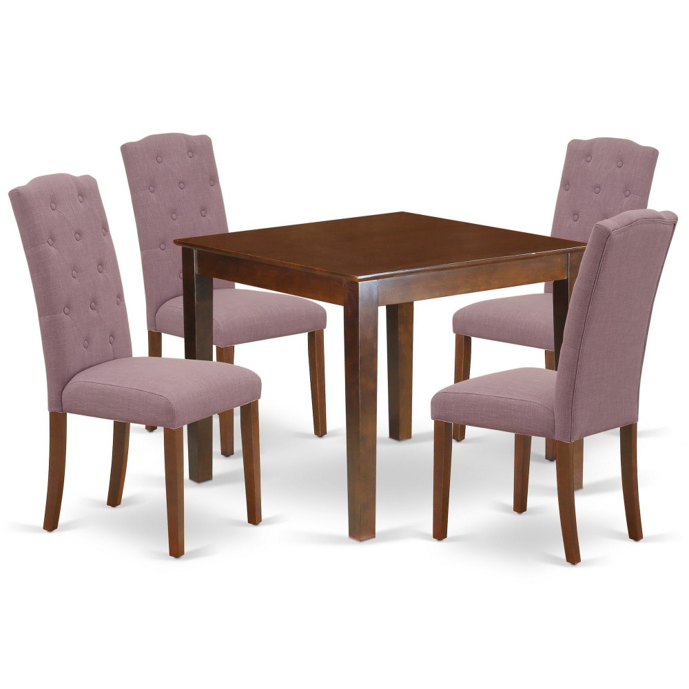 5Pc Dining Set, Square Dinette Table, Four Parson Chairs, Dahlia Fabric, Mahogany Finish