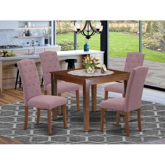 5Pc Dining Set, Square Dinette Table, Four Parson Chairs, Dahlia Fabric, Mahogany Finish