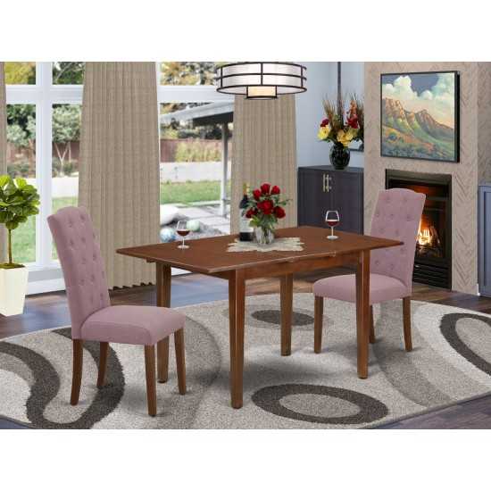 3Pc Dinette Set, Rectangular Kitchen Table, Butterfly Leaf, Two Parson Chairs, Dahlia Fabric, Mahogany