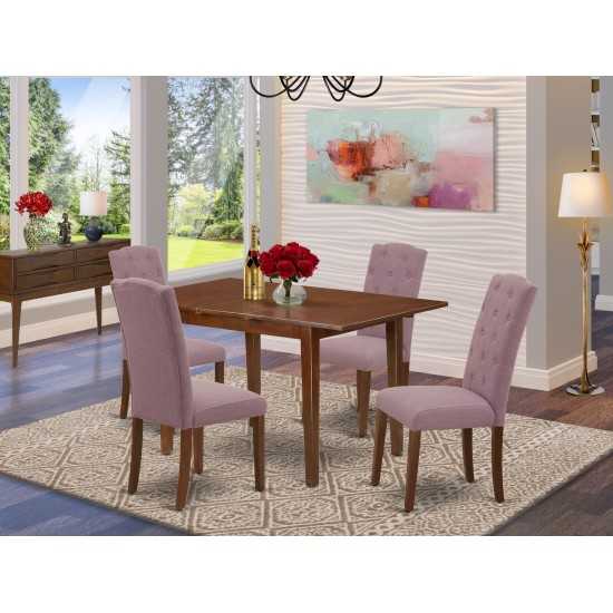 5Pc Dining Set, Rectangle Dinette Table, Butterfly Leaf, Four Parson Chairs, Dahlia Fabric, Mahogany