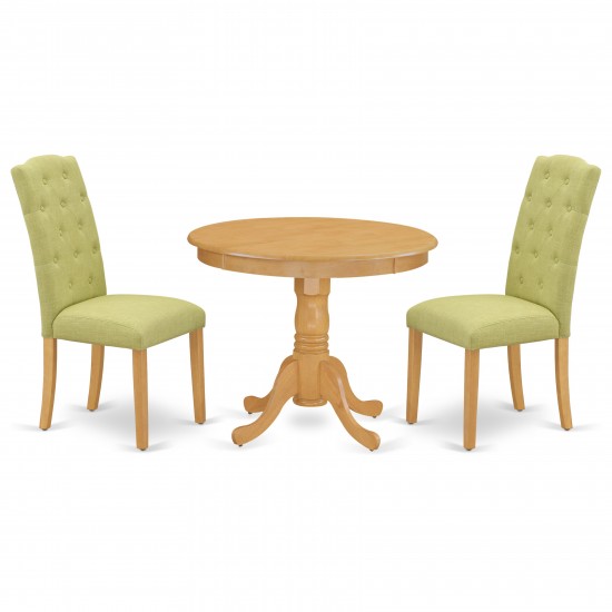 3Pc Dinette Set, Small Rounded Kitchen Table, Two Parson Chairs, Lime Green Fabric, Oak Finish