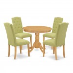 5Pc Dining Set, Small Round Dinette Table, Four Parson Chairs, Lime Green Fabric, Oak Finish