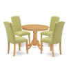 5Pc Dining Set, Small Round Dinette Table, Four Parson Chairs, Lime Green Fabric, Oak Finish
