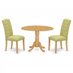 3Pc Dinette Set, Small Rounded Kitchen Table, Drop Leaves, Two Parson Chairs, Lime Green Fabric, Oak