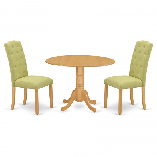 3Pc Dinette Set, Small Rounded Kitchen Table, Drop Leaves, Two Parson Chairs, Lime Green Fabric, Oak