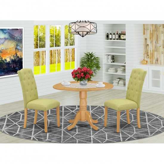 3Pc Dinette Set, Small Rounded Kitchen Table, Drop Leaves, Two Parson Chairs, Lime Green Fabric, Oak