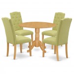 5Pc Dining Set, Small Round Dinette Table, Drop Leaves, Four Parson Chairs, Lime Green Fabric, Oak