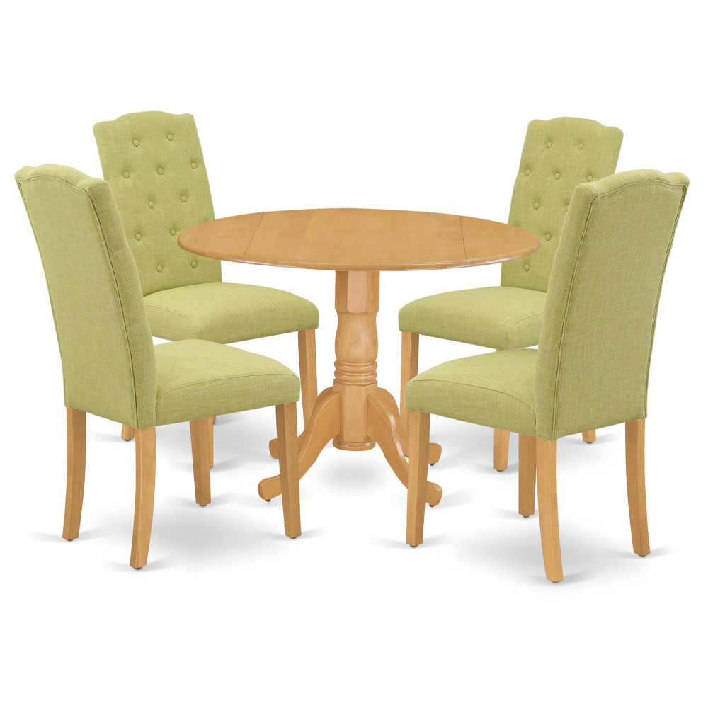 5Pc Dining Set, Small Round Dinette Table, Drop Leaves, Four Parson Chairs, Lime Green Fabric, Oak