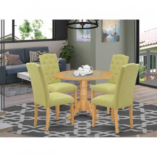 5Pc Dining Set, Small Round Dinette Table, Drop Leaves, Four Parson Chairs, Lime Green Fabric, Oak