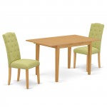 3Pc Dinette Set, Rectangular Kitchen Table, Butterfly Leaf, Two Parson Chairs, Lime Green Fabric, Oak