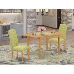 3Pc Dinette Set, Rectangular Kitchen Table, Butterfly Leaf, Two Parson Chairs, Lime Green Fabric, Oak