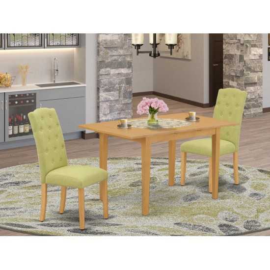 3Pc Dinette Set, Rectangular Kitchen Table, Butterfly Leaf, Two Parson Chairs, Lime Green Fabric, Oak