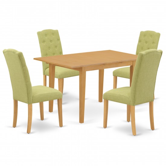 5Pc Dining Set, Rectangle Dinette Table, Butterfly Leaf, Four Parson Chairs, Lime Green Fabric, Oak