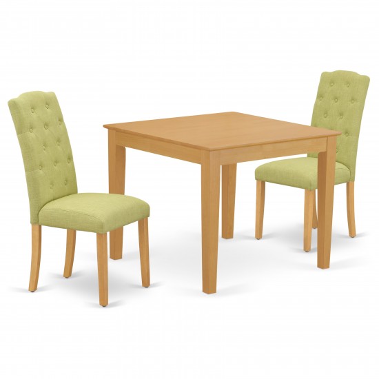 3Pc Dinette Set, Square Kitchen Table, Two Parson Chairs, Lime Green Fabric, Oak Finish