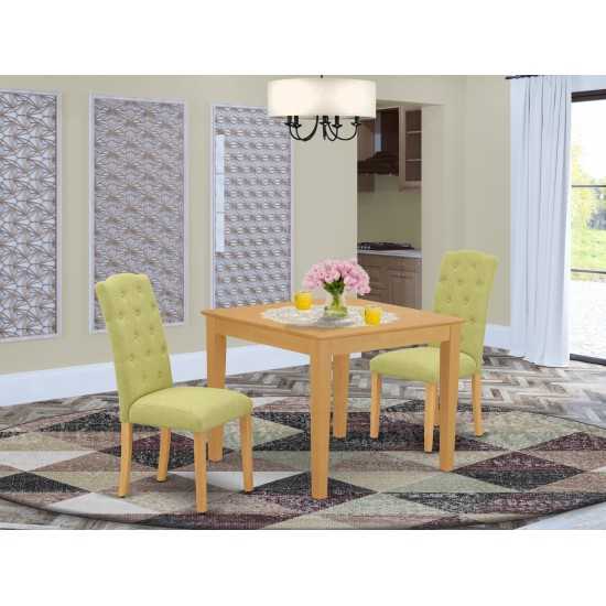 3Pc Dinette Set, Square Kitchen Table, Two Parson Chairs, Lime Green Fabric, Oak Finish