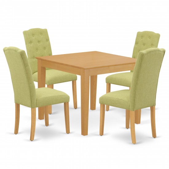 5Pc Dining Set, Square Dinette Table, Four Parson Chairs, Lime Green Fabric, Oak Finish