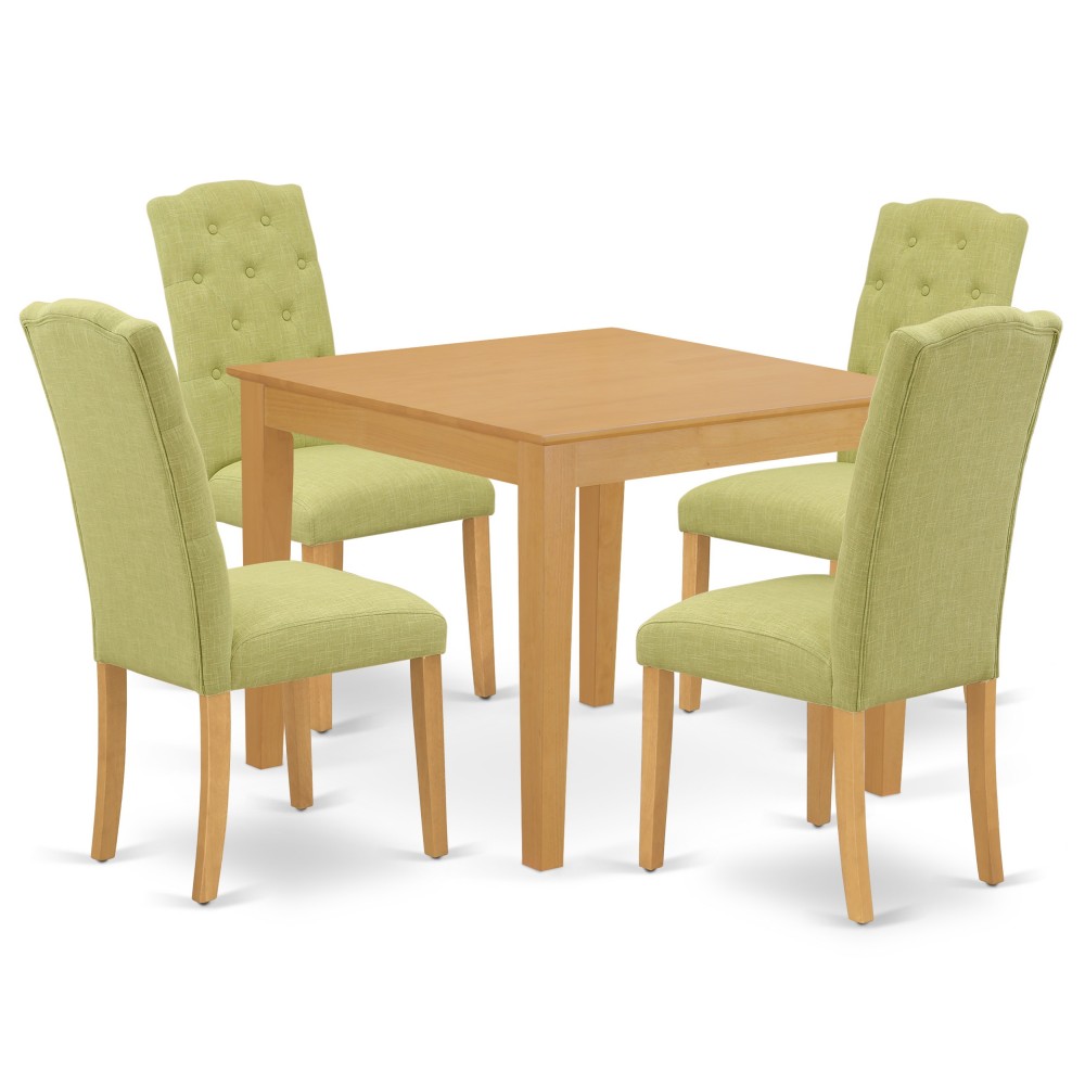 5Pc Dining Set, Square Dinette Table, Four Parson Chairs, Lime Green Fabric, Oak Finish