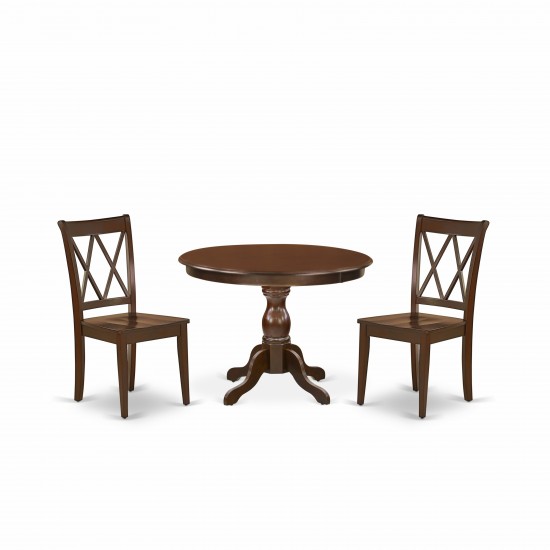 3 Pc Dining Set, Mahogany Table, 2 Mahogany Wooden Dining Chairs, Double X-Back