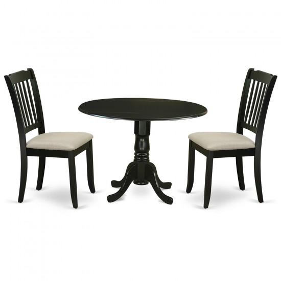 3Pc Dinette Set, Rounded Kitchen Table, Drop Leaves, Two Vertical Slatted Linen Seat Dining Chairs, Black Finish