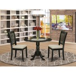 3Pc Dinette Set, Rounded Kitchen Table, Drop Leaves, Two Vertical Slatted Linen Seat Dining Chairs, Black Finish