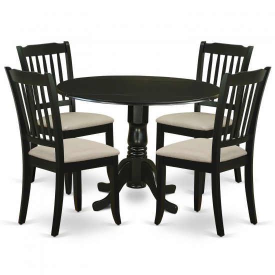 5Pc Dining Set, Round Dinette Table, Drop Leaves, Four Vertical Slatted Linen Seat Chairs, Black Finish