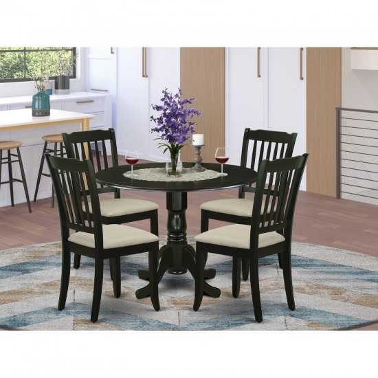 5Pc Dining Set, Round Dinette Table, Drop Leaves, Four Vertical Slatted Linen Seat Chairs, Black Finish