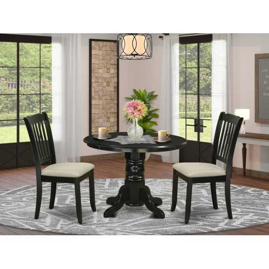 3Pc Dinette Set, Round Dining Table, Two Vertical Slatted Linen Seat Dining Chairs, Black Finish