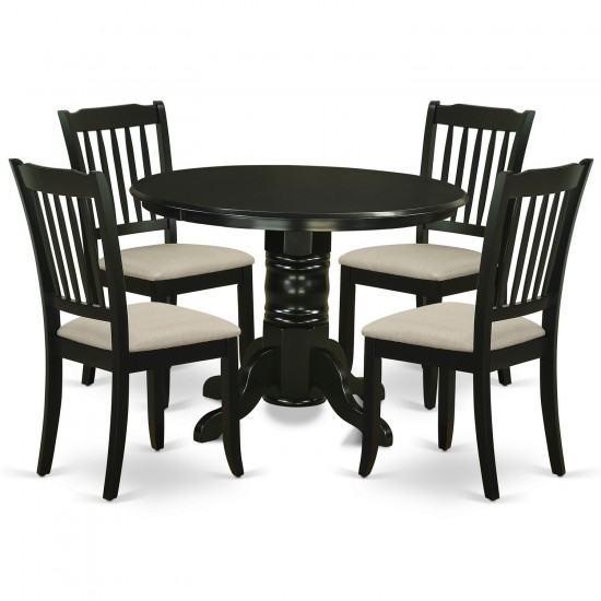 5Pc Dining Set, Round Table, Four Vertical Slatted Linen Seat Chairs, Black Finish