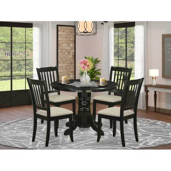 5Pc Dining Set, Round Table, Four Vertical Slatted Linen Seat Chairs, Black Finish