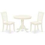 3Pc Dinette Set, Rounded Kitchen Table, Two Vertical Slatted Linen Seat Dining Chairs, Linen White Finish