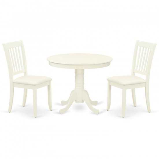 3Pc Dinette Set, Rounded Kitchen Table, Two Vertical Slatted Linen Seat Dining Chairs, Linen White Finish