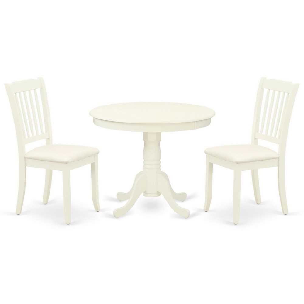 3Pc Dinette Set, Rounded Kitchen Table, Two Vertical Slatted Linen Seat Dining Chairs, Linen White Finish