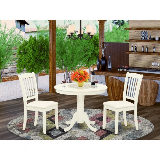 3Pc Dinette Set, Rounded Kitchen Table, Two Vertical Slatted Linen Seat Dining Chairs, Linen White Finish