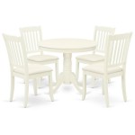 5Pc Dining Set, Round Dinette Table, Four Vertical Slatted Linen Seat Chairs, Linen White Finish