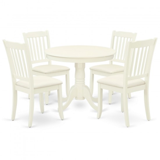 5Pc Dining Set, Round Dinette Table, Four Vertical Slatted Linen Seat Chairs, Linen White Finish