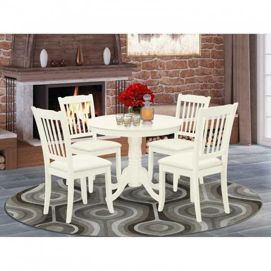 5Pc Dining Set, Round Dinette Table, Four Vertical Slatted Linen Seat Chairs, Linen White Finish