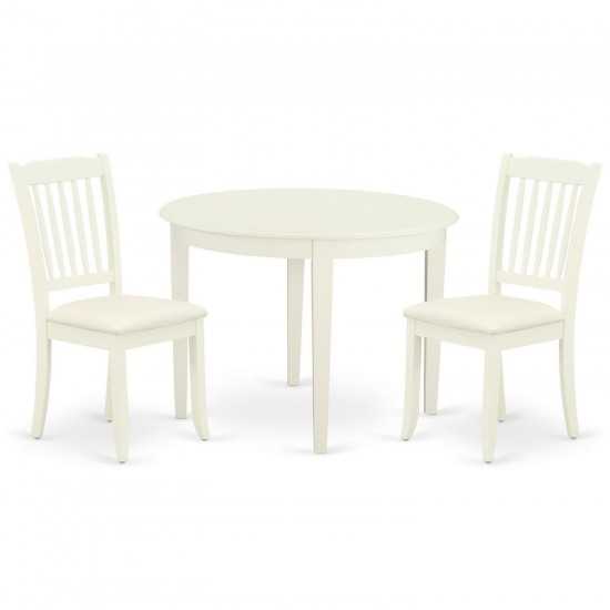 3Pc Dinette Set, Rounded Kitchen Table, Two Vertical Slatted Linen Seat Dining Chairs, White Finish