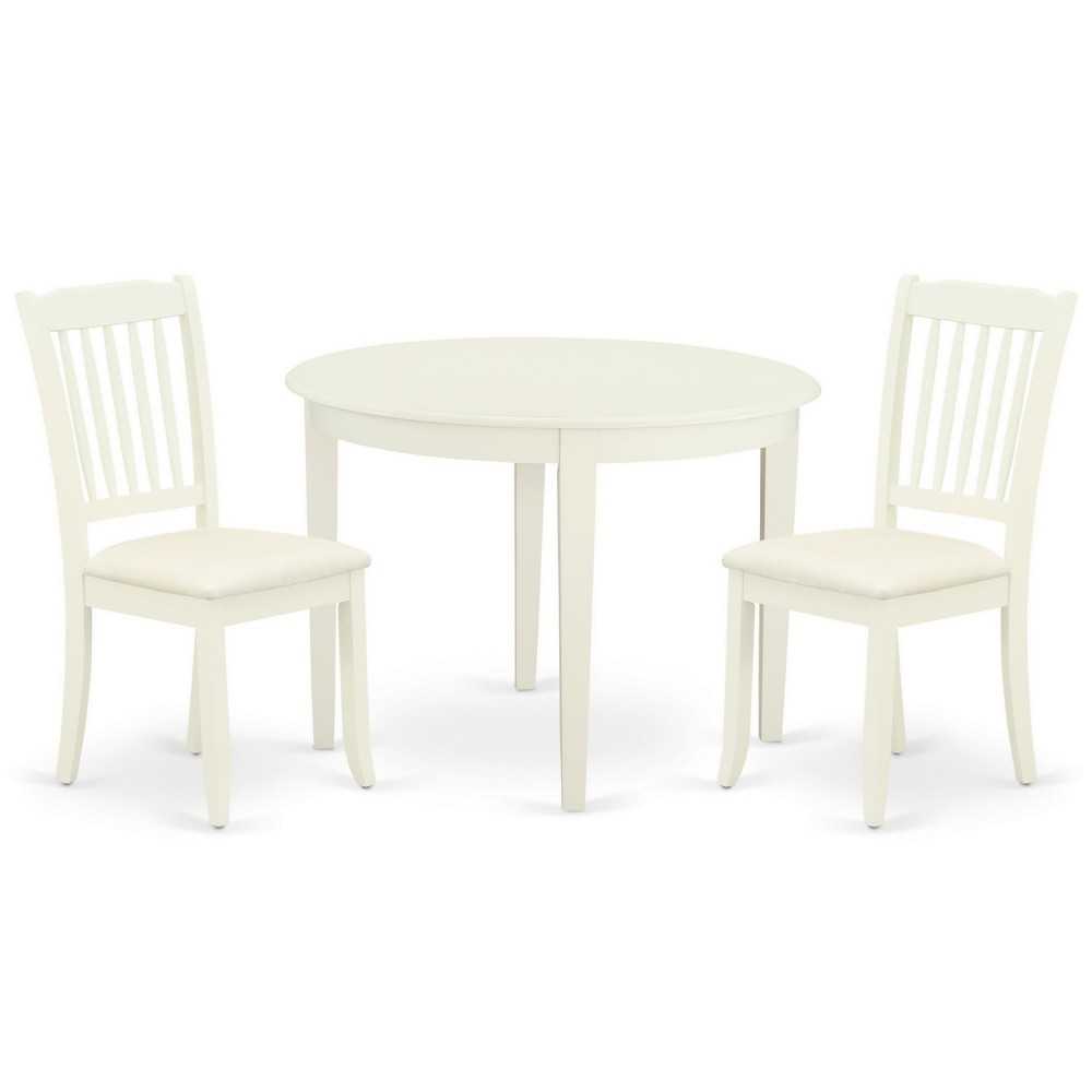 3Pc Dinette Set, Rounded Kitchen Table, Two Vertical Slatted Linen Seat Dining Chairs, White Finish